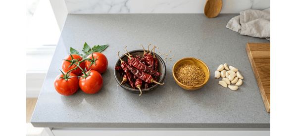 Roasting tomatoes and chilies in a modern stainless steel pot Roasting tomatoes and chilies in a modern stainless steel pot