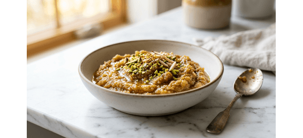 A bowl of golden Moong Dal Halwa garnished with sliced almonds and pistachios in a modern kitchen setting A bowl of golden Moong Dal Halwa garnished with sliced almonds and pistachios in a modern kitchen setting