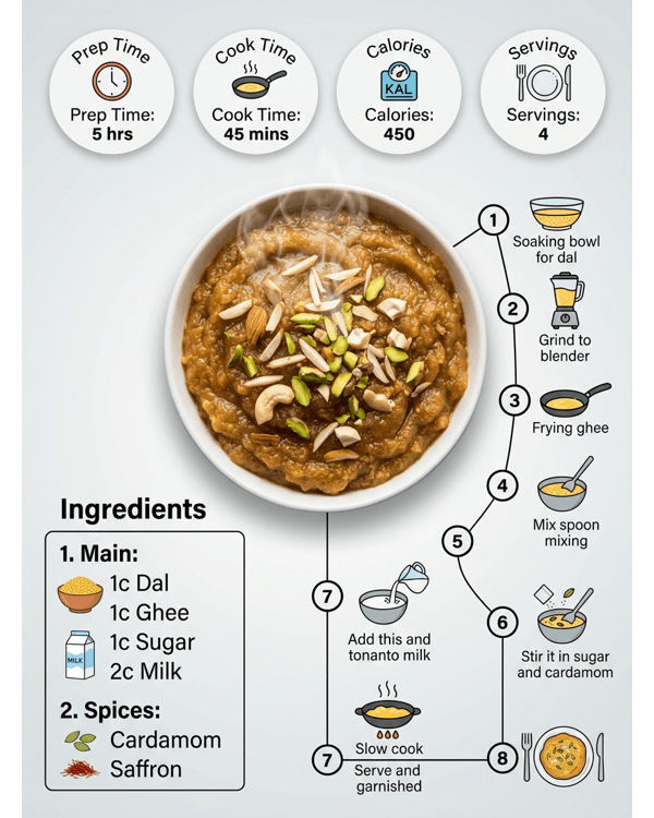 A bowl of golden Moong Dal Halwa garnished with sliced almonds and pistachios in a modern kitchen setting A bowl of golden Moong Dal Halwa garnished with sliced almonds and pistachios in a modern kitchen setting