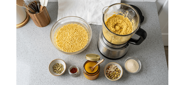 Roasting the coarse moong dal paste in a pan with ghee until it turns golden brown Roasting the coarse moong dal paste in a pan with ghee until it turns golden brown