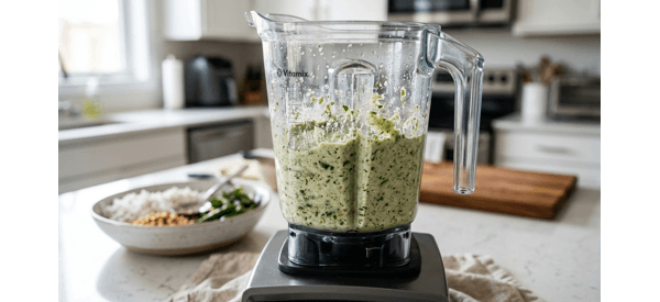Grinding the fresh coconut and lentil spice paste in a modern blender