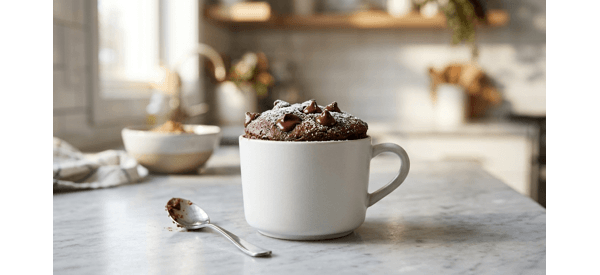 A decadent chocolate mug cake topped with melting chocolate chips and a dust of sugar A decadent chocolate mug cake topped with melting chocolate chips and a dust of sugar