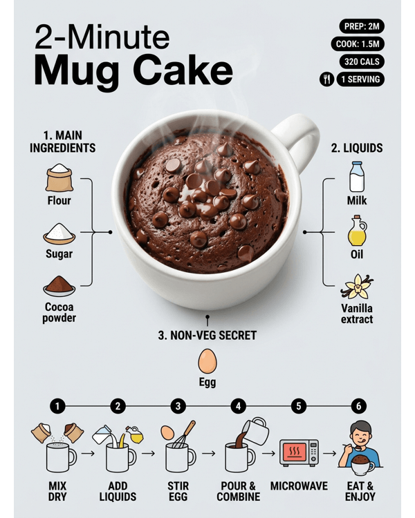 A decadent chocolate mug cake topped with melting chocolate chips and a dust of sugar A decadent chocolate mug cake topped with melting chocolate chips and a dust of sugar