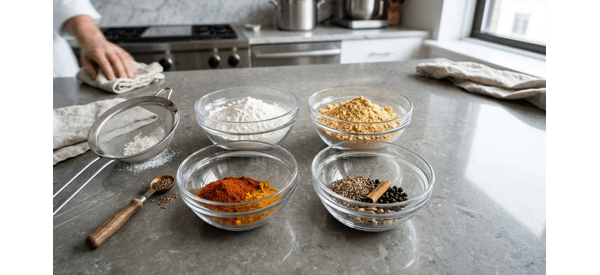 A person mixing flour and spices in a large glass bowl on a marble countertop A person mixing flour and spices in a large glass bowl on a marble countertop