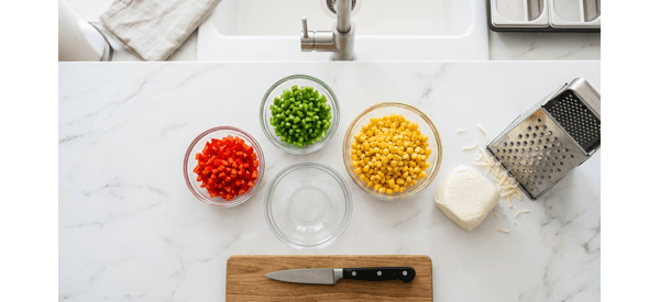 Chopped bell peppers and corn on a white marble countertop Chopped bell peppers and corn on a white marble countertop