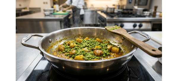 The green pea curry simmering in a stainless steel pan with golden potatoes The green pea curry simmering in a stainless steel pan with golden potatoes