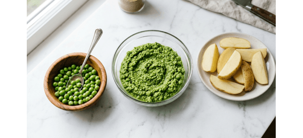 Coarsely ground green pea paste in a glass bowl showing a grainy texture Coarsely ground green pea paste in a glass bowl showing a grainy texture
