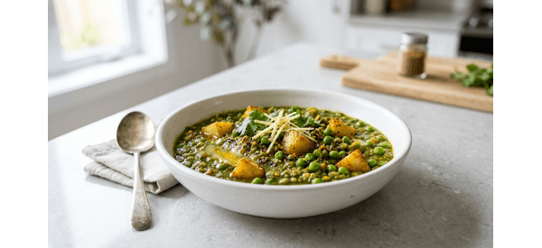 A vibrant green Nimona curry served in a white ceramic bowl with a drizzle of ghee and ginger juliennes A vibrant green Nimona curry served in a white ceramic bowl with a drizzle of ghee and ginger juliennes