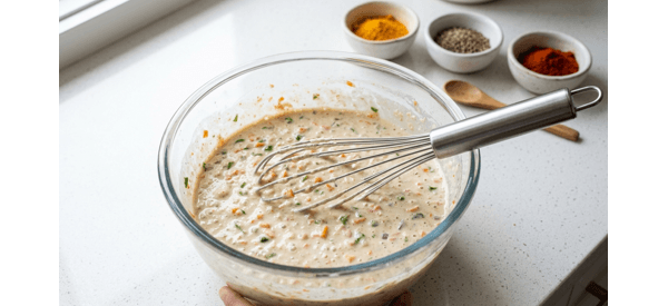 A person whisking smooth oats chilla batter in a white ceramic bowl A person whisking smooth oats chilla batter in a white ceramic bowl