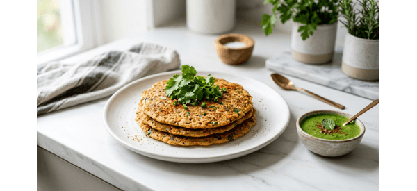 A stack of golden brown Oats Chilla served on a white modern plate with green chutney A stack of golden brown Oats Chilla served on a white modern plate with green chutney
