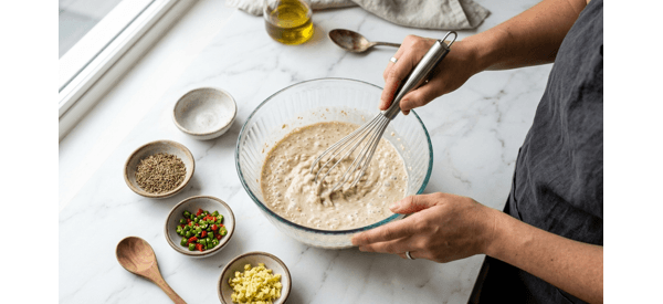Mixing the dry oat flour with water to create a smooth thin batter Mixing the dry oat flour with water to create a smooth thin batter