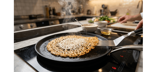 A crispy oats dosa being cooked on a flat black tawa over a gas stove A crispy oats dosa being cooked on a flat black tawa over a gas stove