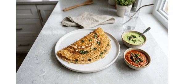 A crispy golden brown oats dosa served on a white plate with coconut chutney A crispy golden brown oats dosa served on a white plate with coconut chutney