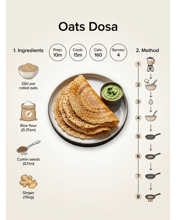 A crispy golden brown oats dosa served on a white plate with coconut chutney A crispy golden brown oats dosa served on a white plate with coconut chutney