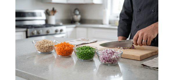 Professional chef chopping fresh carrots and onions on a clean quartz countertop