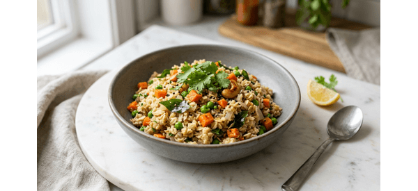 A steaming bowl of fluffy oats upma garnished with fresh coriander and lemon