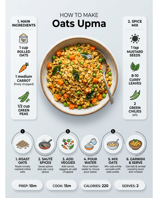 A steaming bowl of fluffy oats upma garnished with fresh coriander and lemon
