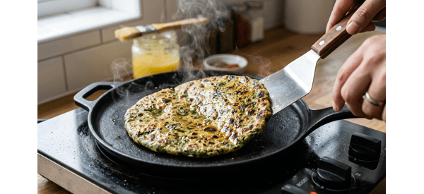 Hot cooked Palak Parathas stacked on a plate with steam rising