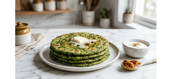 A stack of bright green Palak Parathas served with a dollop of white butter and spicy pickle