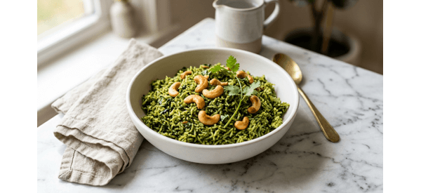 A vibrant green Palak Rice served in a white ceramic bowl with cashews on top A vibrant green Palak Rice served in a white ceramic bowl with cashews on top