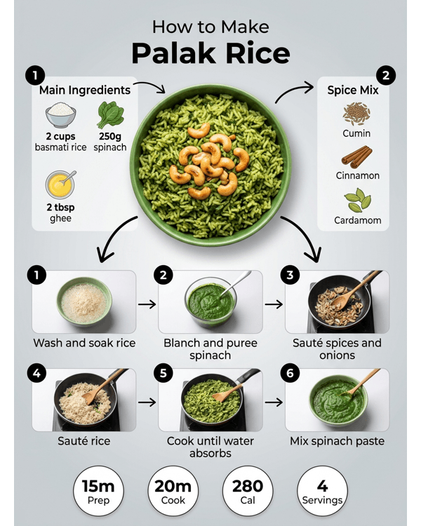 A vibrant green Palak Rice served in a white ceramic bowl with cashews on top A vibrant green Palak Rice served in a white ceramic bowl with cashews on top