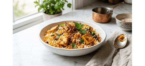 A royal serving of Paneer Biryani garnished with fried onions and fresh mint leaves A royal serving of Paneer Biryani garnished with fried onions and fresh mint leaves