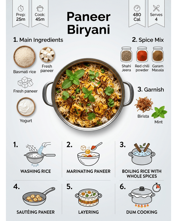 A royal serving of Paneer Biryani garnished with fried onions and fresh mint leaves A royal serving of Paneer Biryani garnished with fried onions and fresh mint leaves