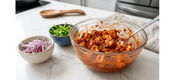 Marinated paneer cubes in a glass bowl with red spices and curd