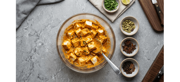 Fresh paneer cubes being mixed with a thick spicy yogurt marinade in a glass bowl Fresh paneer cubes being mixed with a thick spicy yogurt marinade in a glass bowl