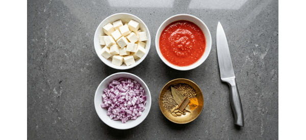 Chopped onions, tomato puree, and paneer cubes arranged on a clean counter Chopped onions, tomato puree, and paneer cubes arranged on a clean counter