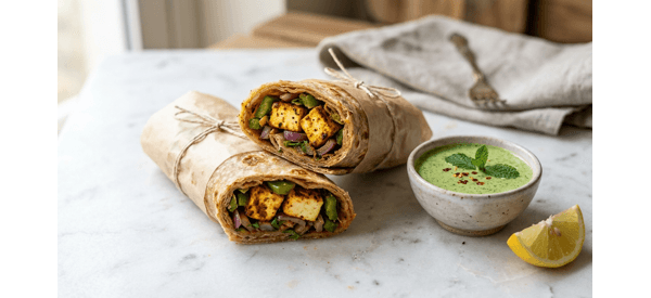 Delicious Paneer Roll served on a modern white plate with mint chutney