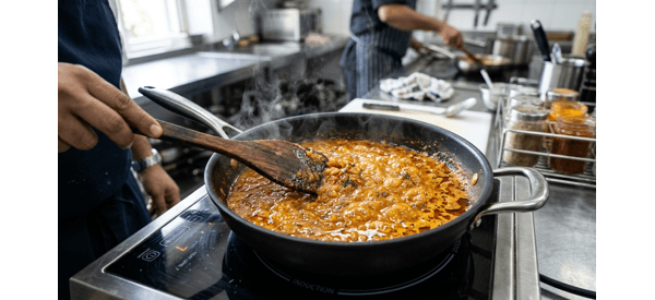 The finished paneer sabji in a modern pan with steam rising The finished paneer sabji in a modern pan with steam rising