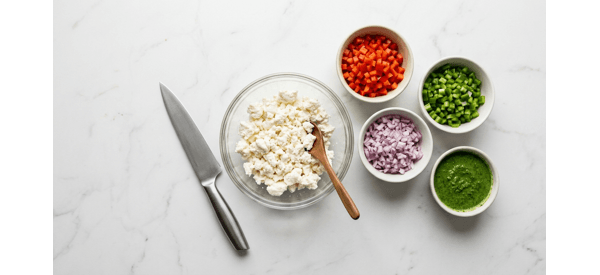 Mixing crumbled paneer with spices and cream in a modern bowl