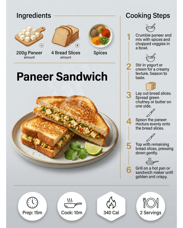 Restaurant style paneer sandwich served hot with green chutney