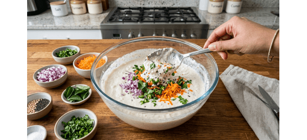 A smooth white fermented batter being mixed with chopped vegetables in a glass bowl