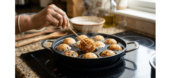 Paniyaram browning in a special cast iron pan with a wooden skewer flipping them over