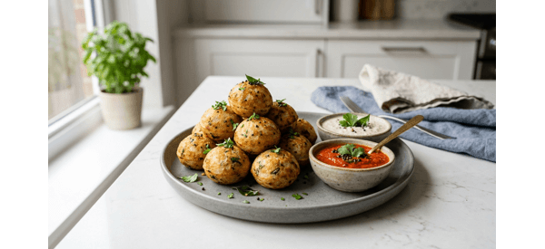 A plate of crispy golden paniyaram served with spicy tomato chutney and coconut chutney