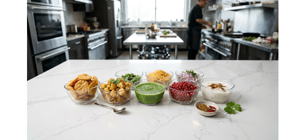 Placing boiled potatoes and chickpeas onto crispy papdis on a modern kitchen counter Placing boiled potatoes and chickpeas onto crispy papdis on a modern kitchen counter