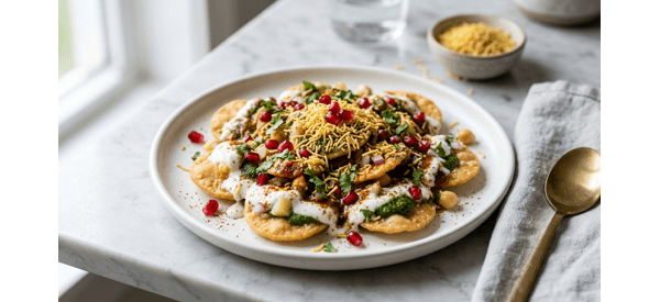 Authentic Delhi street style Papdi Chaat served on a white plate with colorful chutneys Authentic Delhi street style Papdi Chaat served on a white plate with colorful chutneys