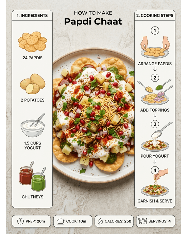 Authentic Delhi street style Papdi Chaat served on a white plate with colorful chutneys Authentic Delhi street style Papdi Chaat served on a white plate with colorful chutneys