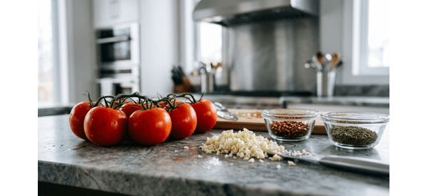 Blanched tomatoes and minced garlic ready for cooking