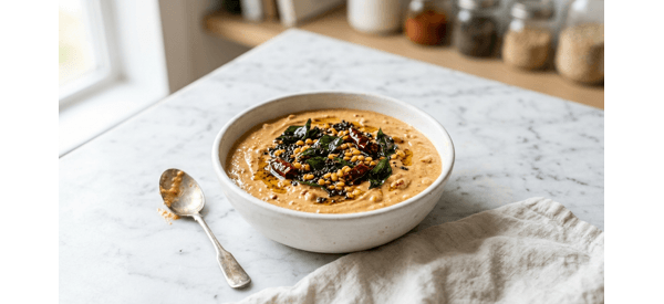 Creamy restaurant style peanut chutney in a white bowl with mustard seed tempering