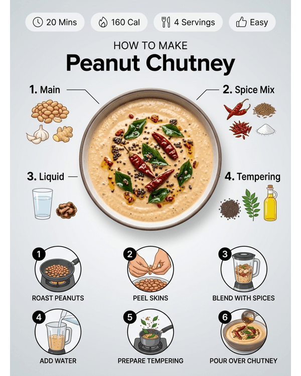 Creamy restaurant style peanut chutney in a white bowl with mustard seed tempering