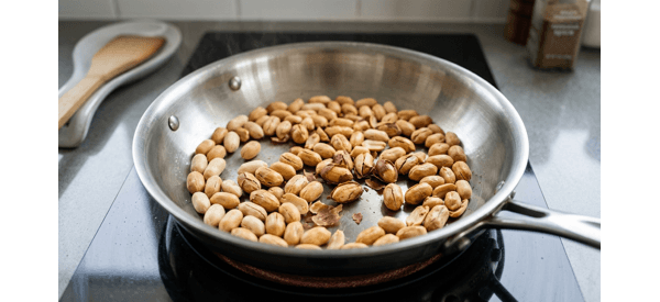 Roasted peanuts with cracked skins in a modern stainless steel pan