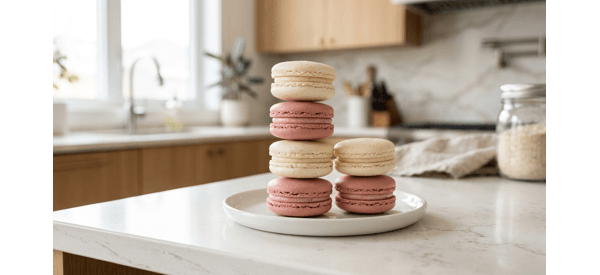 A colorful stack of perfect bakery style veg macarons on a white marble surface A colorful stack of perfect bakery style veg macarons on a white marble surface