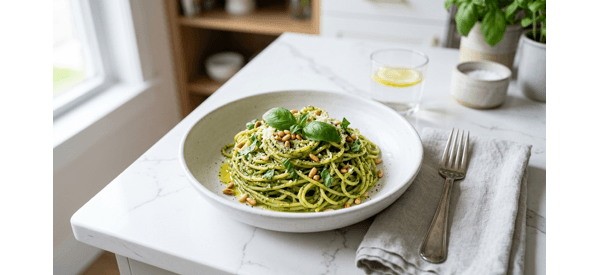 A plate of fresh pesto pasta with basil leaves and pine nuts