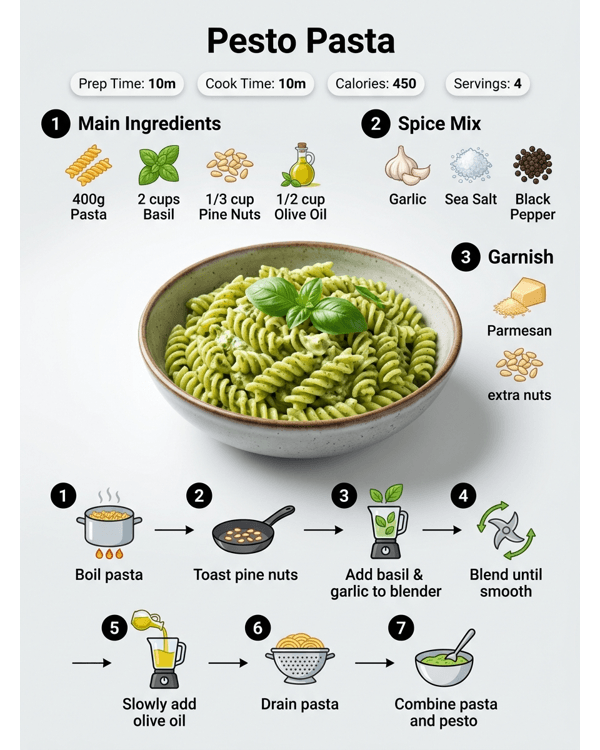 A plate of fresh pesto pasta with basil leaves and pine nuts