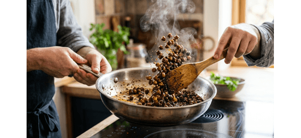 Hot ghee and ginger tempering being poured over dark pindi chole