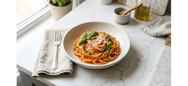 A beautiful bowl of creamy pink sauce pasta topped with fresh basil and parmesan cheese on a white marble table