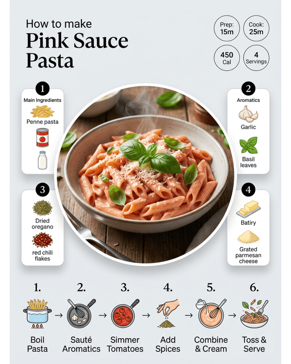 A beautiful bowl of creamy pink sauce pasta topped with fresh basil and parmesan cheese on a white marble table